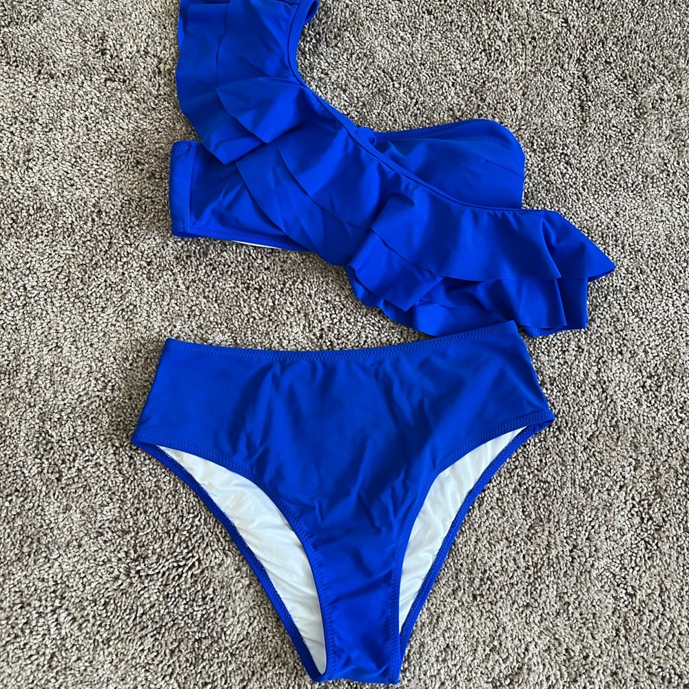 Royal blue one shoulder ruffle bikini